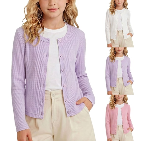 WAVSUF Girls Sweater Jacket Comfort Soft Long Sleeve Crew Neck Lightweight Fall Thin Style Cardigan White 2