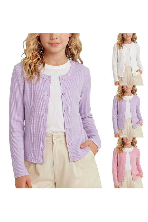 Girls Sweater Jacket Long Sleeve Crew Neck Lightweight Comfort Soft Fall Thin Style Cardigan White 7-8