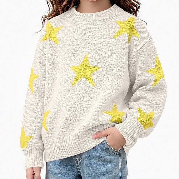WAVSUF Girls Sweater, Loose Fit Cartoon Printed Crew Neck Fall Warm Casual Pullover White 6