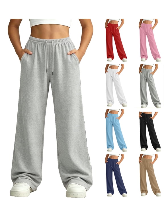Girls Sweatpants Wide Leg with Pockets Elastic Waist Fall Casual Pants Gray 10-12