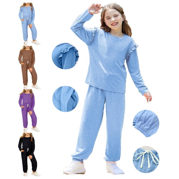WAVSUF Girls Sweatsuit Outfit Sets, with Pockets Long Sleeve Crop Pullover and Joggers Fall Casual Basic Clothes 2 Piece Black 6