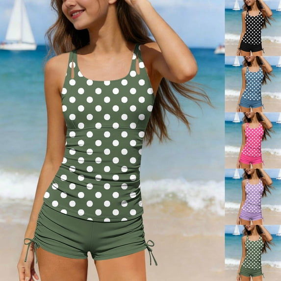 WAVSUF Girls Tankini Swimsuit 2 Piece Round Neck Sleeveless Polka Dots High Waist Summer Pool Swimsuit Purple 7-8