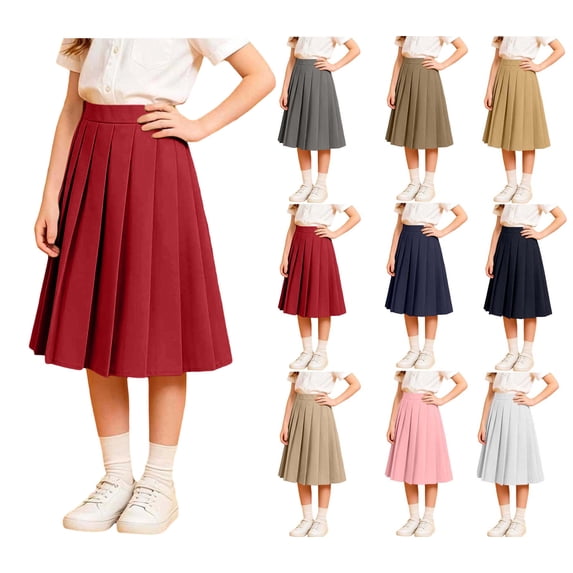 WAVSUF Girls Uniform Skirt Stretchy Waist Soft Breathable Daily Wear Cotton Midi Summer Skirts Red Size 5T