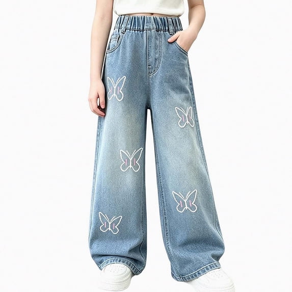 WAVSUF Girls Wide Leg Jeans Elastic Waist Loose Fit with Pockets Fall Trendy Daily Denim Pants Blue 2T
