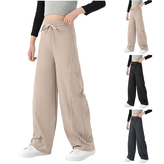 WAVSUF Girls Wide Leg Long Pants Elastic Waist Wide Leg Breathable Lightweight Spring Summer Casual Trousers Black 5