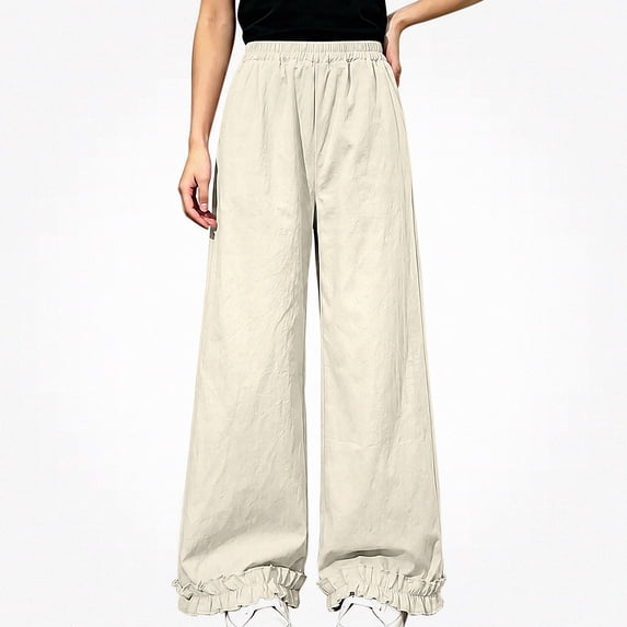 WAVSUF Girls Wide Leg Pants Elastic Waist Lightweight Ruffle Hem Daily Casual Pants Beige 15