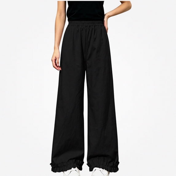 WAVSUF Girls Wide Leg Pants Ruffle Hem Elastic Waist Lightweight Daily Casual Pants Black 9