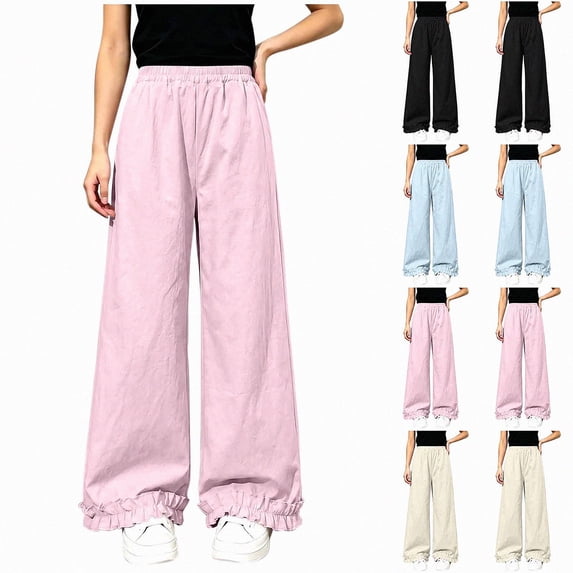 WAVSUF Girls Wide Leg Pants Ruffle Hem Lightweight Elastic Waist Daily Casual Pants Pink 7-8