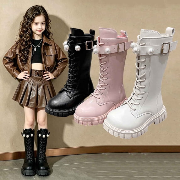 WAVSUF Girls Wide Width Boots Round Toe Soft Sole Mid Calf Winter Warm Platform Boots Black 3 Little Kid