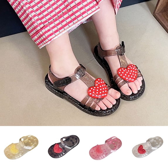 WAVSUF Jelly Sandals for Girls Open Toe Heart Accent Lightweight Casual Summer Soft Shoes Black Size 8 Little Girls