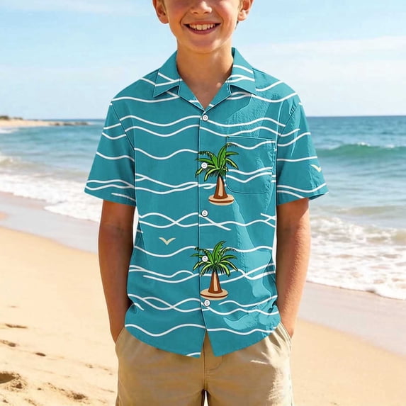 WAVSUF Kids Boys Button Down Shirt with Pockets Short Sleeve Cartoon Print Summer Hawaiian Tropical Shirt Multicolor Size 3