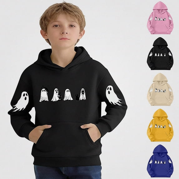 WAVSUF Kids Boys Hoodie, Loose Fit Long Sleeve with Pockets Fall Halloween Casual Sweatshirts Black 7-8
