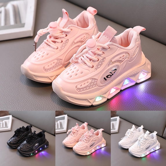 WAVSUF Kids Girls Casual Sneakers Soft Breathable Slip On Light Up Casual Play Flat Shoes Black 7 Toddler