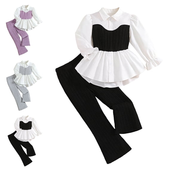 WAVSUF Kids Girls Fall Sets 2 Piece, Long Sleeve Collar Shirt and Flare Leg Pants Dressy Trendy Outfits Gray 5