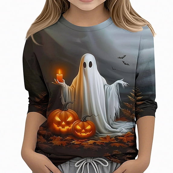 WAVSUF Kids Girls Halloween Shirt, Round Neck 3/4 Sleeve Cute Print Fall Casual Top Orange 9
