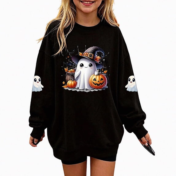 WAVSUF Kids Girls Halloween Sweatshirt, Long Sleeve Round Neck Loose Fit Festive Fall Casual Pullover Black 3