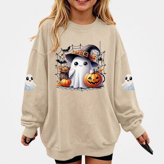 WAVSUF Kids Girls Halloween Sweatshirt, Long Sleeve Round Neck Loose Fit Festive Fall Casual Pullover Brown 3