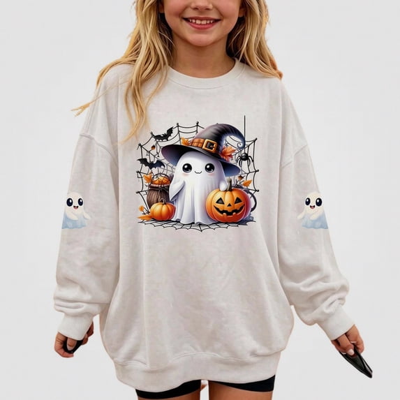 WAVSUF Kids Girls Halloween Sweatshirt, Loose Fit Round Neck Long Sleeve Festive Fall Casual Pullover White 11