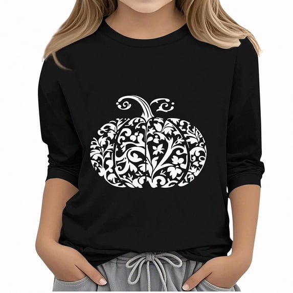 WAVSUF Kids Girls Halloween T-Shirt, 3/4 Sleeve Crew Neck Cartoon Printed Fall Casual Festive Top Black 9