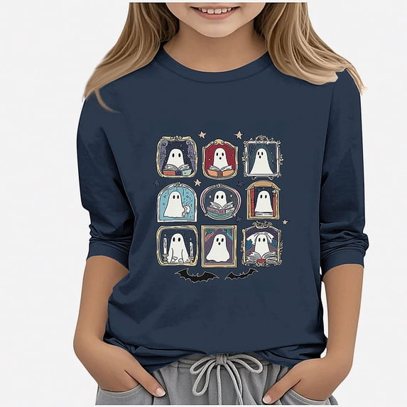 WAVSUF Kids Girls Halloween Tee, Crew Neck Cartoon Printed 3/4 Sleeve Casual Fall Festive Top Blue 3