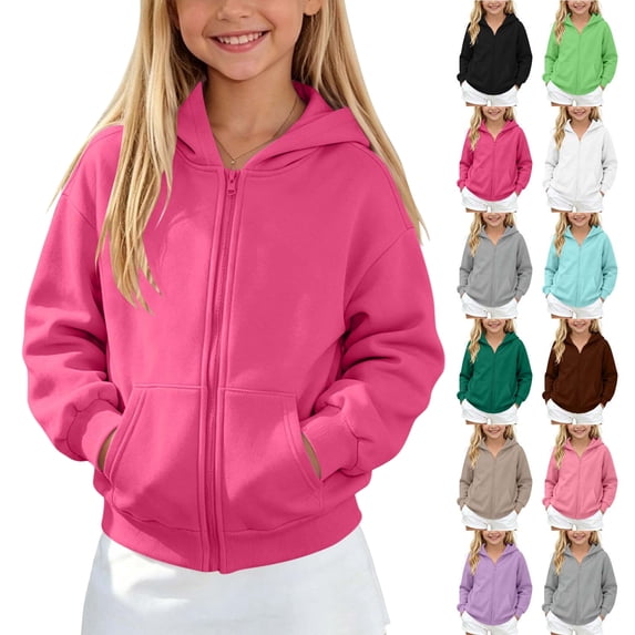 WAVSUF Kids Girls Hooded Sweatshirt Soft Comfortable with Pockets Zipper Fleece Winter Active Pullover 7-8