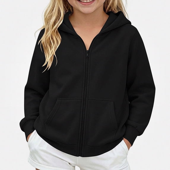 WAVSUF Kids Girls Hooded Sweatshirt Zipper Fleece Soft Comfortable with Pockets Winter Active Pullover Black 11