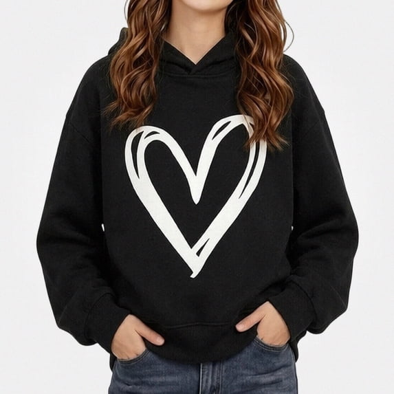 WAVSUF Kids Girls Hoodie, Graphic Detail Long Sleeve Hooded Fall Warm Trendy Sweatshirts Black 7-8