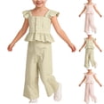 thumbnail image 1 of WAVSUF Kids Girls Outfits Ruffle Sleeve T-Shirt and Wide Leg Pants Square Neck Summer Casual Trendy Clothes 2 Piece Green Size 3-4, 1 of 9