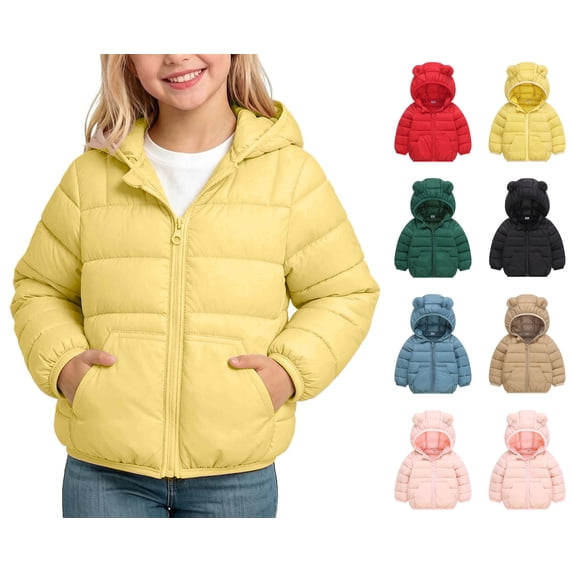 WAVSUF Kids Girls Puffer Jacket, Long Sleeve Loose Fit with Pockets Winter Warm Hooded Coat Yellow 1