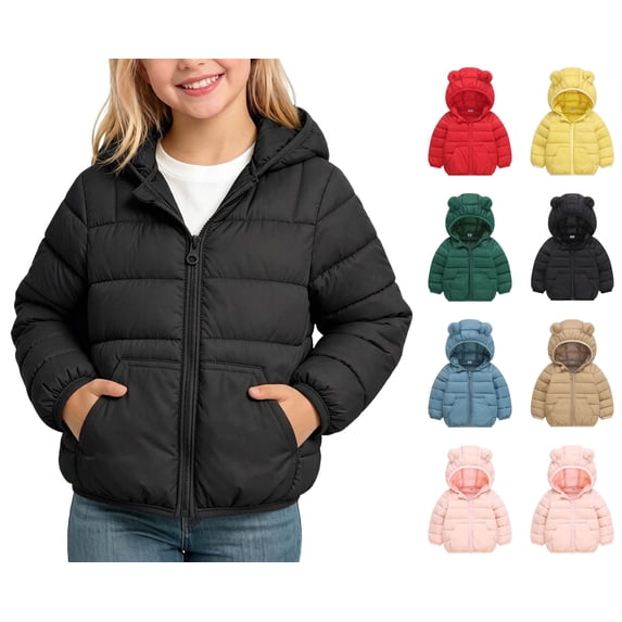 WAVSUF Kids Girls Puffer Jacket, Loose Fit Long Sleeve with Pockets Winter Warm Hooded Coat Black 7-8