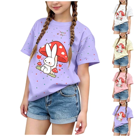 WAVSUF Kids Girls T-Shirt Cartoon Print Crew Neck Short Sleeve Summer Cotton Soft Tee White Size 2