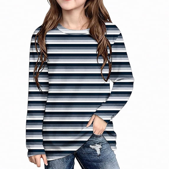 WAVSUF Kids Girls Tee, Long Sleeve Stripe Print Round Neck Fall Winter Daily T-Shirt Blue 5