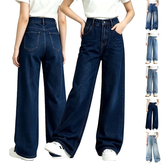 WAVSUF Kids Girls Wide Leg Jeans with Pockets Loose Fit Elastic Waist Fall Daily Denim Pants Blue 7-8