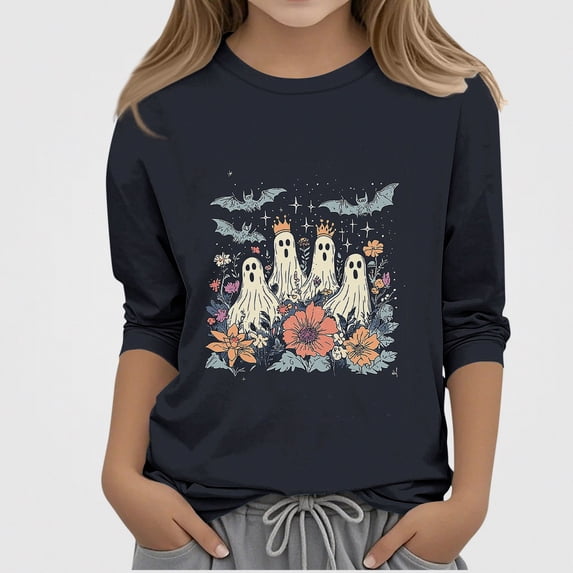 WAVSUF Kids Kids Girls Halloween Shirt, 3/4 Sleeve Cartoon Printed Crew Neck Festive Vacation Fall Top Gray 5