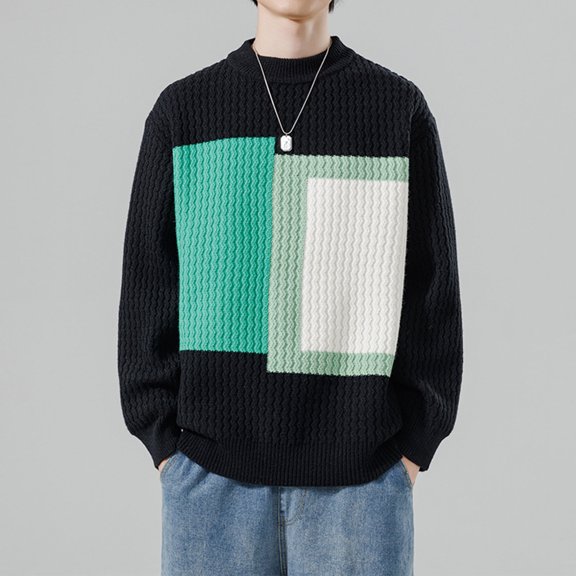 WAVSUF Knit Sweaters Men Long Sleeves Under Sweater Crew Neck Solid Color Sweatshirt Top Black Size 3XL