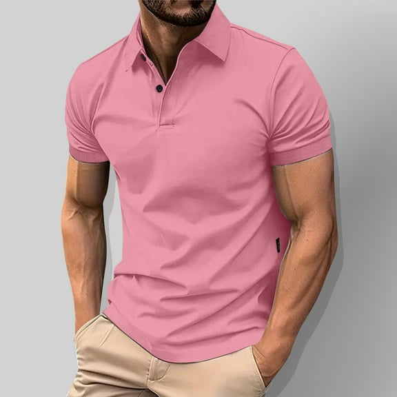 WAVSUF Lapel Polos Men Soft Pique Polo Shirt Button T-Shirt Pink Size M