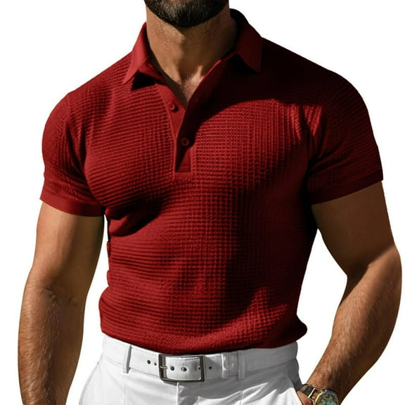 WAVSUF Lapel Polos Men Soft Pique polo Shirt Button T-Shirt Red Size S