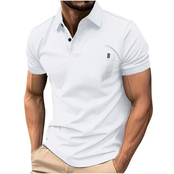 WAVSUF Lapel Polos Men Soft Pique polo Shirt Fashionable T-Shirt White Size S