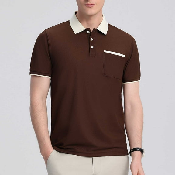 WAVSUF Lapel polo Shirt for Mens Soft Pique Polos Button T-Shirt Coffee Size S