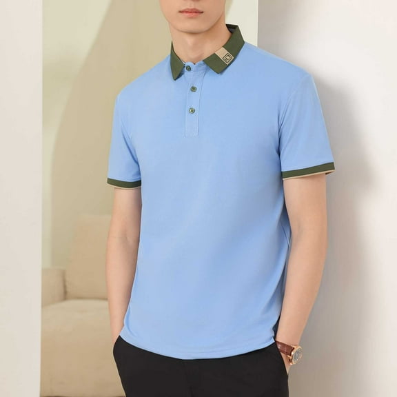 WAVSUF Lapel polo Shirt for Mens Soft Pique Polos Button T-Shirt Light Blue Size S