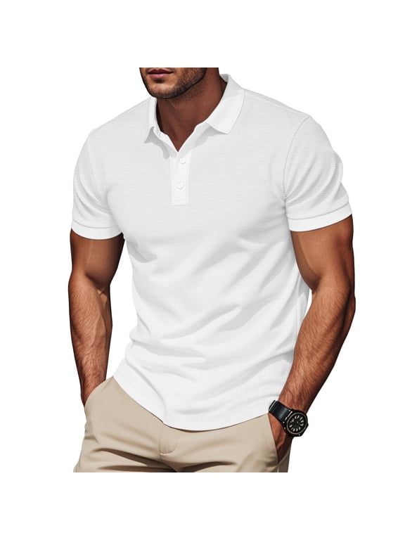 Lapel polo Shirt for Mens Soft Pique Polos V-neck Button V-neck Long Sleeves T-Shirt White Size S