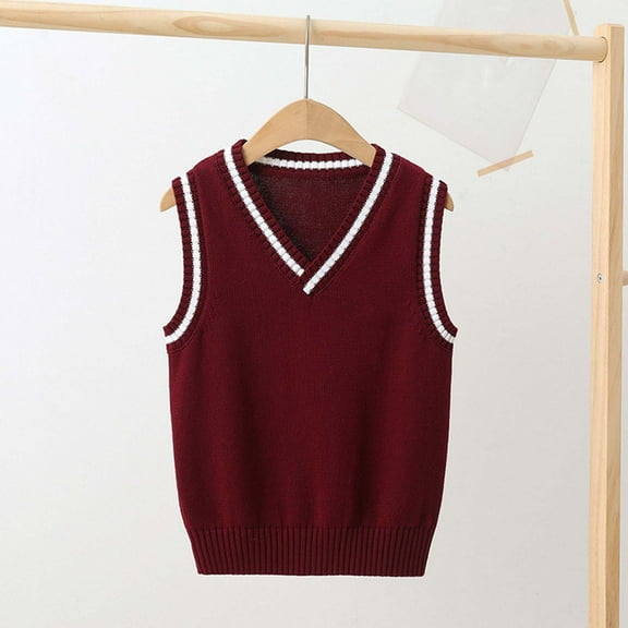 WAVSUF Little Girls Winter Sweater Jacket Plush Vest V-neck V-neck Knitted Solid Color Waistcoat Wine Size 13-14Years