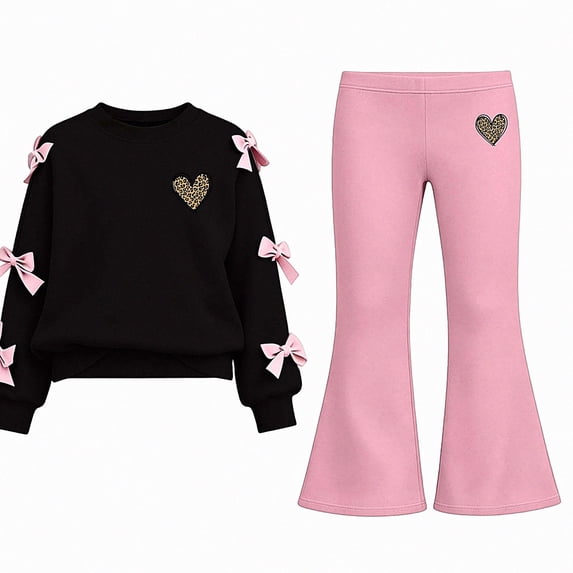 WAVSUF Long Sleeve Sets for Girls 2 Piece Crew Neck Sweatshirt and Flare Leg Pants Fall Daily Casual Clothes 7-8