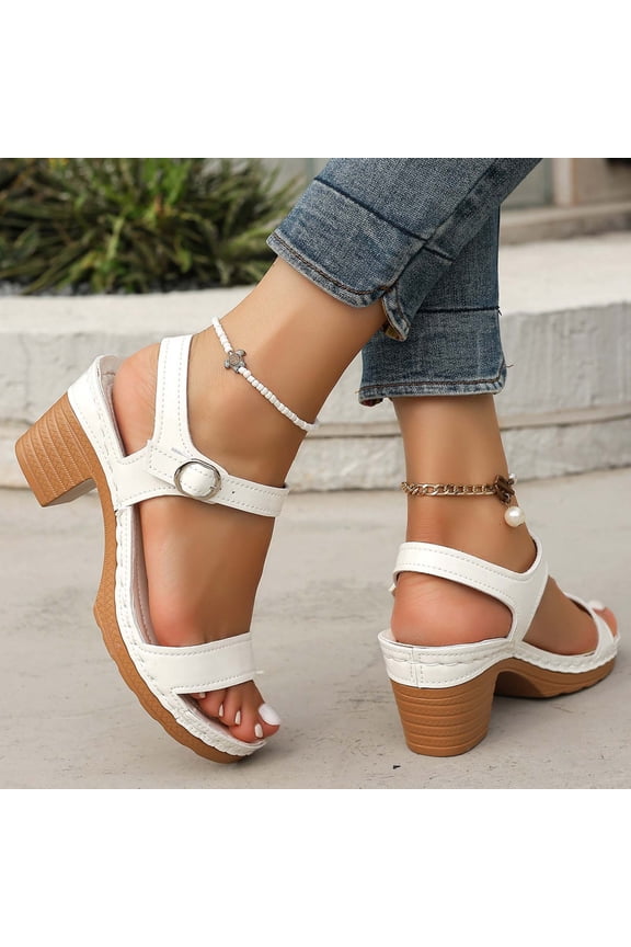 Low Chunky Heels for Women, Adjustable Buckle Arch Support Peep Toe Fashionable Vacation Shoes White 8