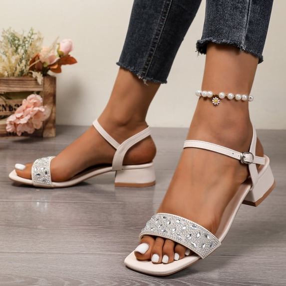WAVSUF Low Chunky Heels for Women, Rhinestone Embellishment Breathable Versatile Square Toe Summer Statement Shoes Beige 7.5