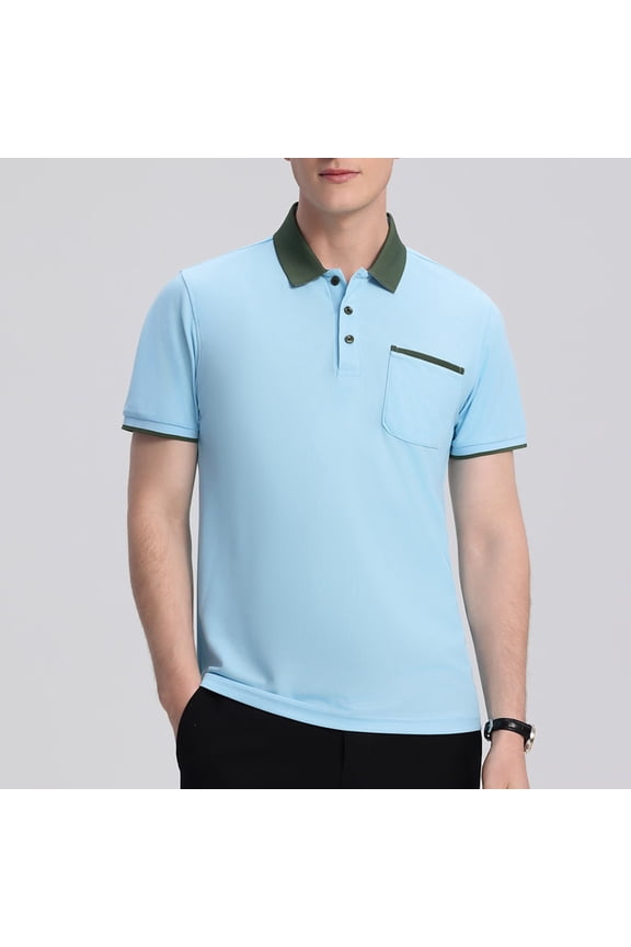 Men Lapel polo Shirt Soft Pique Polos for Mens Button T-Shirt Sky Blue Size 4XL