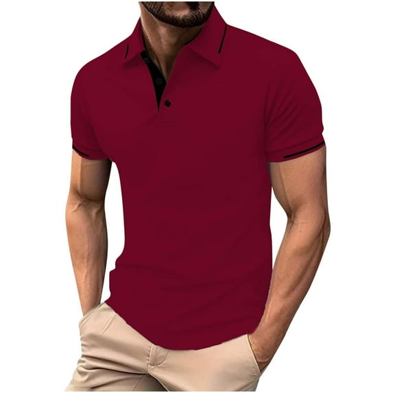 WAVSUF Men Lapel polo Shirt Soft Pique Polos for Mens Fashionable T-Shirt Wine Size XL