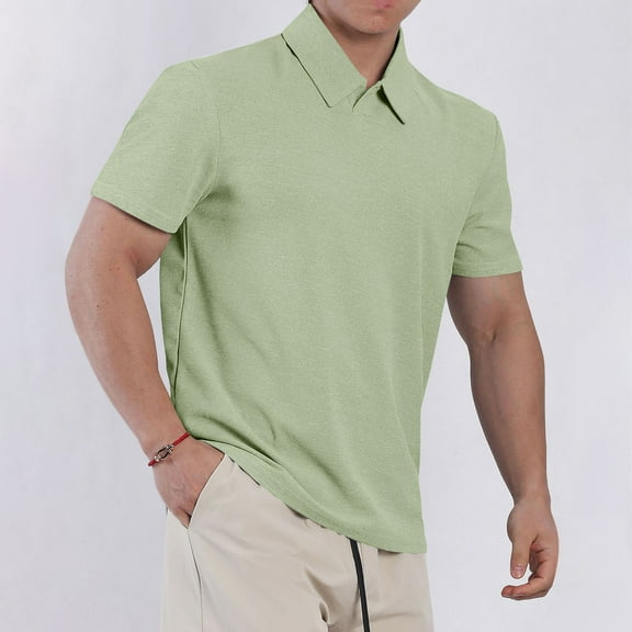WAVSUF Men Lapel Polo Shirt Soft Pique Polos for Mens T-Shirt Green Size L