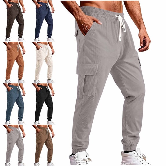 WAVSUF Men's Athletic Cargo Pants Multi Pockets Straight Leg Loose Fit Fall Sports Comfort Pants Black L