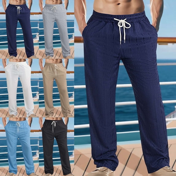 WAVSUF Men's Cotton Linen Pants, Elastic Waist Side Pockets Straight Leg Fall Daily Breathable Pants Size S-3XL